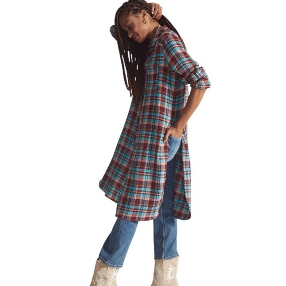 Anthropologie PILCRO Shirt SMALL Plaid Tunic Long Duster Button Down Maxi - Picture 5 of 13